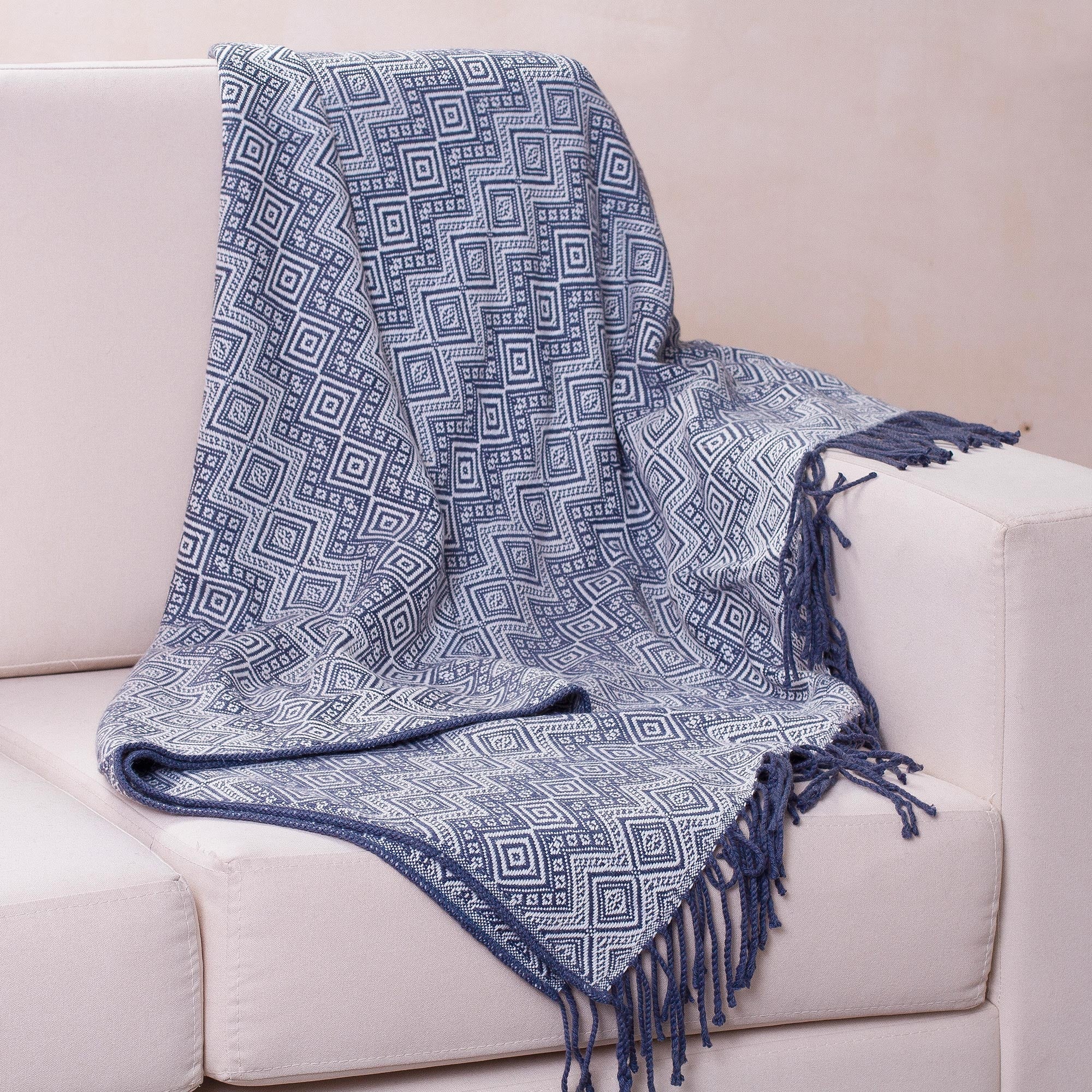 Alpaca Acrylic Blanket Fringe Prussian Blue Eggshell Peru - Prussian Blue Destiny