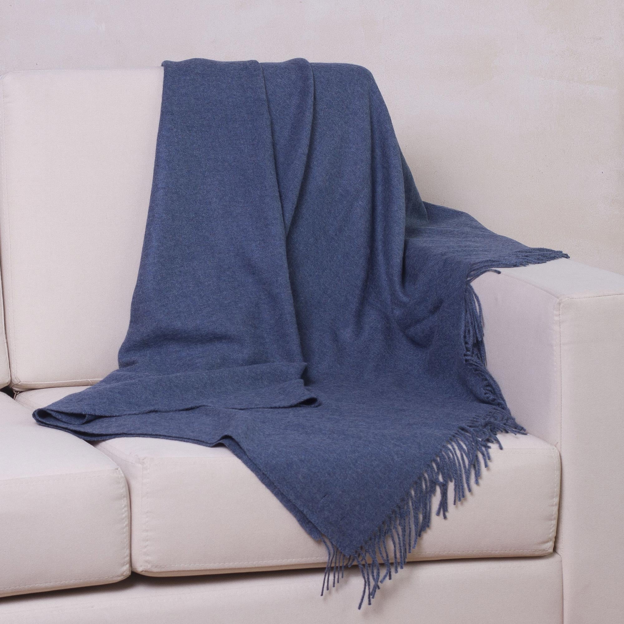 100% Baby Alpaca Throw Blanket in Solid Azure from Peru - Blissful Dream in Azure