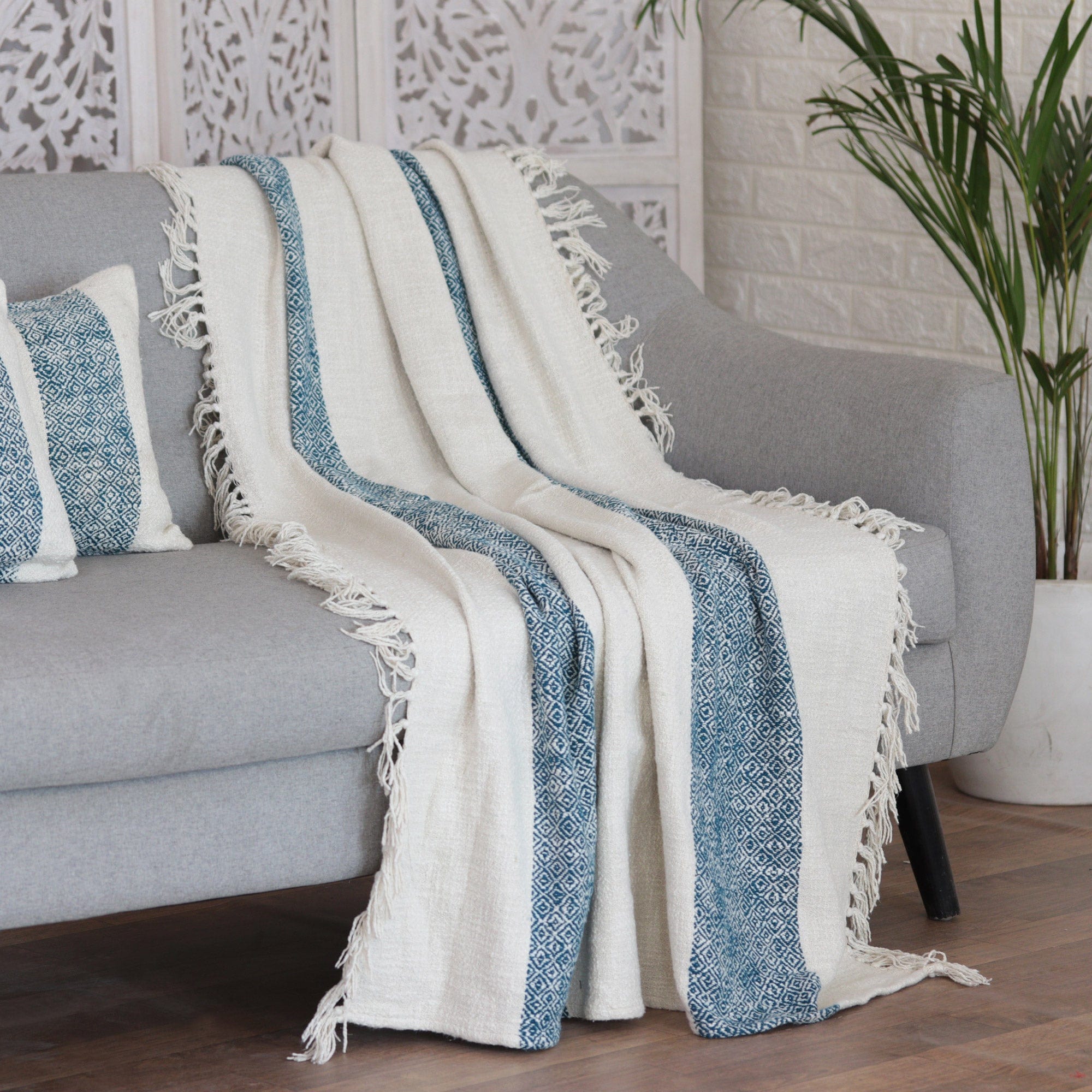 Fringed Cotton Throw Blanket from India - Diamond Elegance in Teal